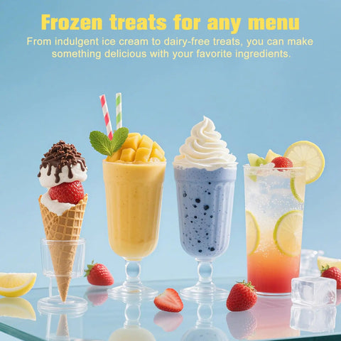 Frozen treats display with ice cream cups and text for Outer Bowl Lid With Paddle Replacement For Ninja Ice Cream Maker Creami, Reusable Lid With Blade, Replacement Parts For NC299AMZ NC300 NC301 Series, Dishwasher Safe, No-Fuss Easy-Swap Fit, Durable Kitchen Accessory