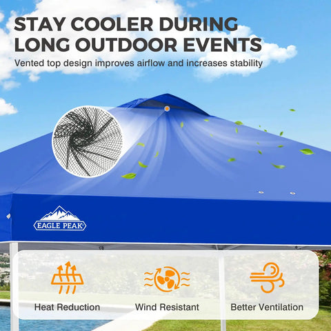 Pop Up Canopy Tent With Wheeled Carry Bag For Easy One Person Setup 10x10 Foot Shade Canopy Blue with vented top detail