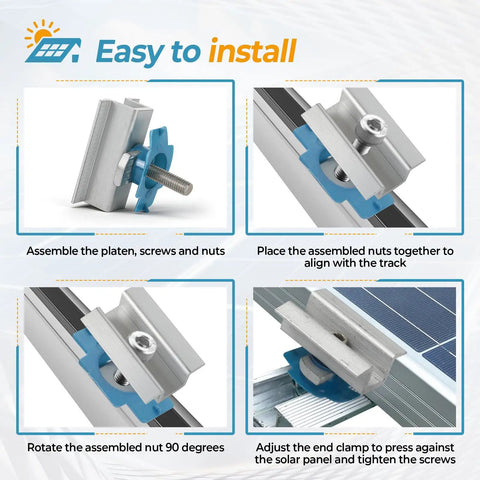 Installation steps for Heavy Duty Kickass Solar Panel Clamps With Bolt Nuts Corrosion Proof Aluminum Mid Mount Brackets.