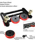 Rock Solid Double Wheel Bearing Locator Boards For Table Saw Featuring Grippy Rubber Rollers And Precision Sliding Plates For Zero Stress Wood Pressing Feeder Jig Assembly close-up of double press wheel with rubber rollers and CNC aluminum frame.