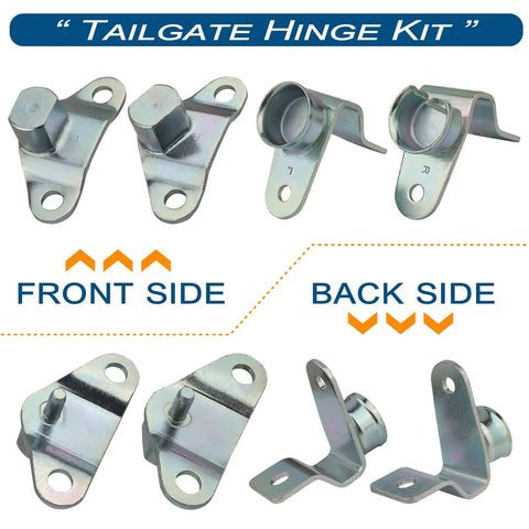 Heavy Duty Tailgate Hinge Kit With Bolts For Rear Gate Door featuring front and back side views of steel hinges.