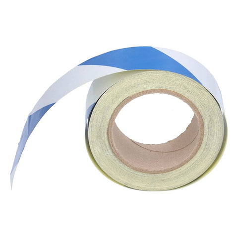 Top view of blue and white Two-Pack Safety Warning Stripe Tape 2-Inch By 98-Foot High-Visibility Self-Adhesive Floor Marking Tape