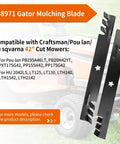 42 Inch Mower Blades For Lawn Tractors Gator Mulching Blades Compatible With Craftsman Husqvarna Poulan Riding Mowers Replace 127843 134149 138971 2 Pack Beefed Up Heavy Duty Performance For A Cleaner Deeper Cut displayed against a lawnmower background
