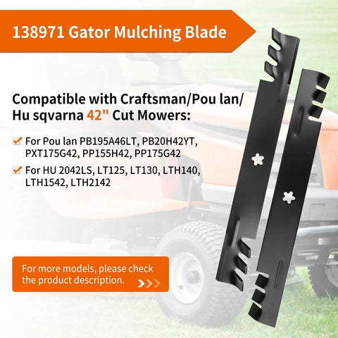 42 Inch Mower Blades For Lawn Tractors Gator Mulching Blades Compatible With Craftsman Husqvarna Poulan Riding Mowers Replace 127843 134149 138971 2 Pack Beefed Up Heavy Duty Performance For A Cleaner Deeper Cut displayed against a lawnmower background