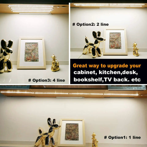 Under Cabinet Lighting Kit Flexible LED Strip Light 6.6 Feet installed above artwork on a shelf, showcasing lighting options.