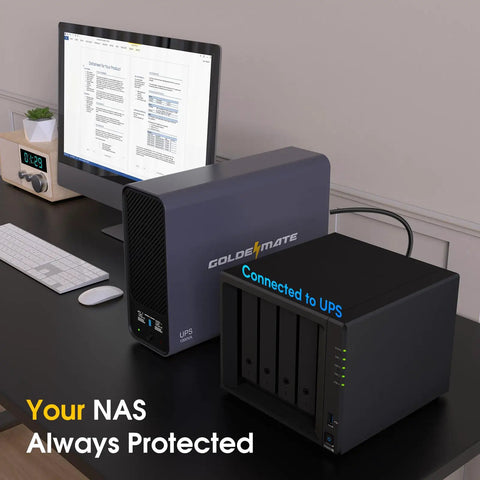 Lithium UPS Battery Backup And Surge Protector 1000VA 600W Sinewave System With LiFePO4 Battery Pro Version on desk with computer