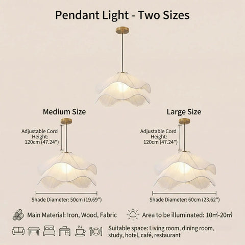 HLRCB Indoor Pendant Light, Fabric Pleated Shade, Modern Suspended Mount in two sizes, fabric and iron materials.