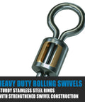 Barrel Fishing Swivels Set In Sizes From Twelve Through Twelve Zero Stainless Steel Rings Brass Body Delivers 1300 Pound Strength With Smooth Rotation Reducing Line Tangles Ideal For Saltwater And Freshwater Leader And Lure Connector Fifty Pack, heavy-duty rolling swivel