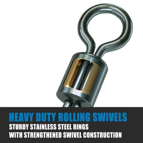 Barrel Fishing Swivels Set In Sizes From Twelve Through Twelve Zero Stainless Steel Rings Brass Body Delivers 1300 Pound Strength With Smooth Rotation Reducing Line Tangles Ideal For Saltwater And Freshwater Leader And Lure Connector Fifty Pack, heavy-duty rolling swivel