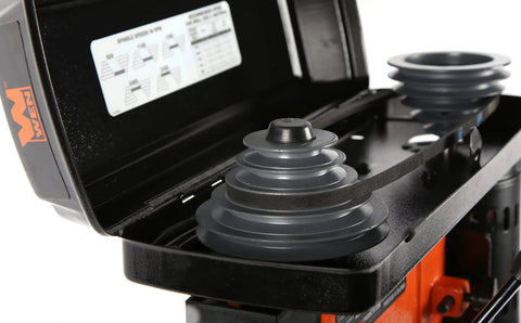 Knockout 10 Inch Benchtop Drill Press With 5 Variable Speeds Up To 3100 Rpm, 3.2 Amp Motor, Built In Laser Guide, Half Inch Keyless Chuck And Solid Cast Iron Table For Badass Weekend Warrior Shops showing adjustable pulleys and speed settings.