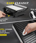 Aigostar 1200W Panini Press Sandwich Maker With Ceramic Non Stick Plates Opens 180 Degrees For Indoor Grilling Stainless Steel Removable Drip Tray Silver showing easy cleanup and ceramic coated plates.