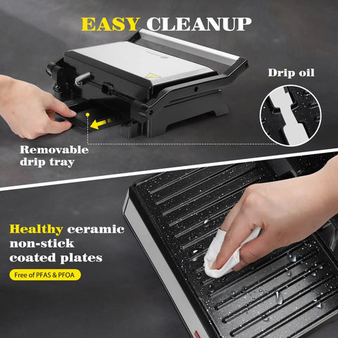 Aigostar 1200W Panini Press Sandwich Maker With Ceramic Non Stick Plates Opens 180 Degrees For Indoor Grilling Stainless Steel Removable Drip Tray Silver showing easy cleanup and ceramic coated plates.