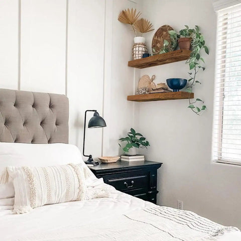 Floating Wall Shelves Set Of 2 In Rustic Brown Farmhouse Style 23.6 Inch Long MDF Shelves With 9.3 Inch Depth showcasing decor in bedroom.