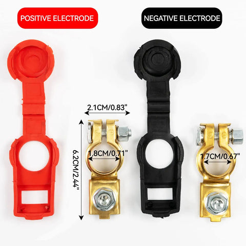 Top Post Brass Quick Release Battery Terminal Clamps Set For Auto Truck Caravan RV And Boat Applications showing red positive and black negative connectors