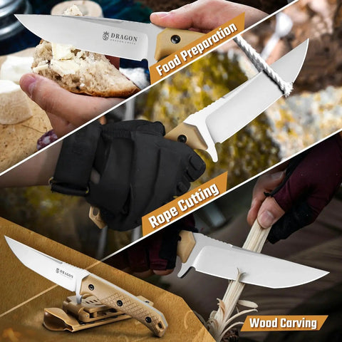 Beefy Fixed Blade Survival Knife With Khaki Full Tang Handle And Adjustable Sheath For Camping And Hiking in use
