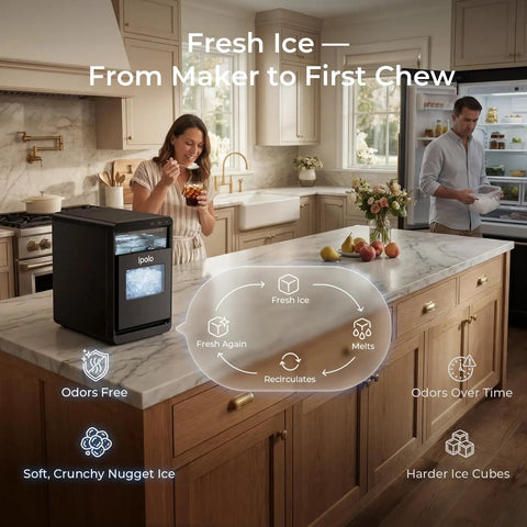 Nugget Ice Maker For Countertop With 44 lb Per Day Capacity Self Cleaning Black Stainless Steel Portable Ice Machine in kitchen