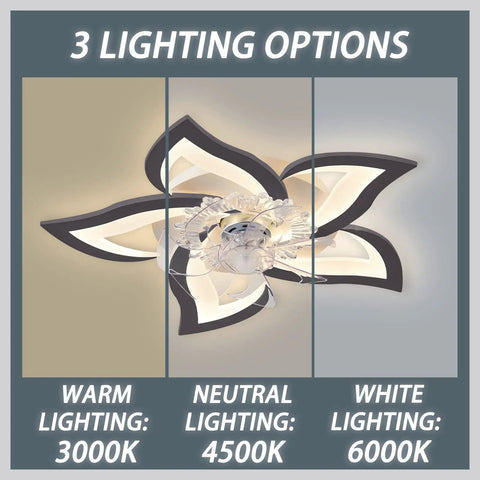 Low Profile Ceiling Fan With LED Light, Ultra Quiet Six-Speed Wind, Three Switchable Modes, Smart Timer, 25.6 Inch Black Finish showcasing three lighting options.