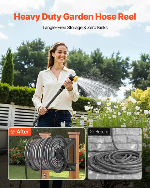 Wall Mounted Garden Hose Reel Holds 200 Feet Of 5/8 Inch Hose Heavy Duty Steel Outdoor Water Reel With Brass Fittings and Manual Winder