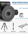 Close-up of Heavy Duty Tripod Ball Head With One Quarter Inch Arca Swiss Quick Release Plate showing screw holes and compatibility.