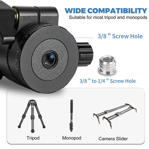 Close-up of Heavy Duty Tripod Ball Head With One Quarter Inch Arca Swiss Quick Release Plate showing screw holes and compatibility.