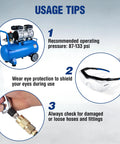Usage tips for Tornado Nozzle Air Blow Gun For Car Detailing And Home Cleaning with air compressor, eye protection, and hose connection