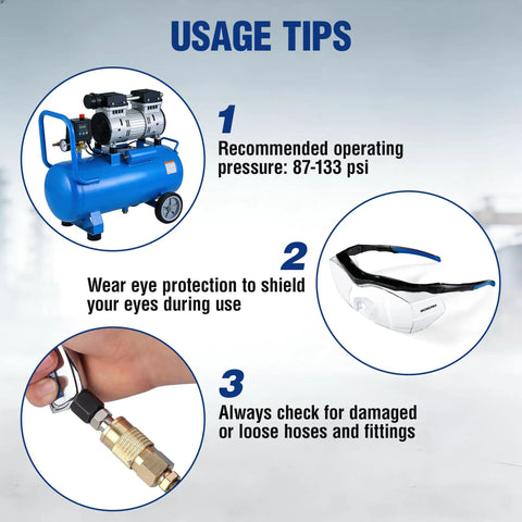 Usage tips for Tornado Nozzle Air Blow Gun For Car Detailing And Home Cleaning with air compressor, eye protection, and hose connection