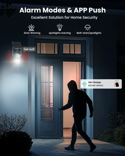 Image of alarm alert from Solar Powered Wireless Outdoor Security Cameras Two Pack No Wires 3MP Resolution Pan Tilt 360 Degree WiFi Camera.