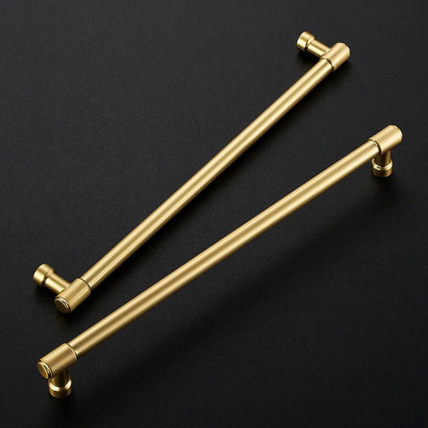 Two Pack 10 Inch Brushed Gold Cabinet Handles For Dresser And Kitchen Cabinets Premium Zinc Hardware With Modern Cupboard Door Pulls Heavy Duty Drawer Pulls Easy Install And Durable Finish. Two brushed gold cabinet handles on black background.