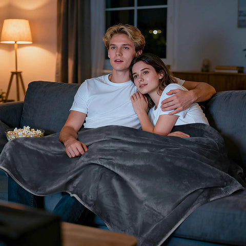 Couple on couch using Waterproof Reversible Flannel Bed Blanket 60x80 Twin Size, Leakproof Dog Pet Throw, cozy grey setting