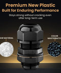 10 Pack M20SL Long Thread Cable Gland Waterproof IP68 Nylon Strain Relief Cord Grip Pass Through Wire Connector with raw materials shown