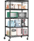 Wire Storage Rack On Wheels, Five Tier Metal Shelving For Kitchen Or Garage, 24 Inch Wide By 18 Inch Deep By 75 Inch High, NSF Approved Durable Steel Frame With Easy Roll Mobility, with kitchen appliances and jars