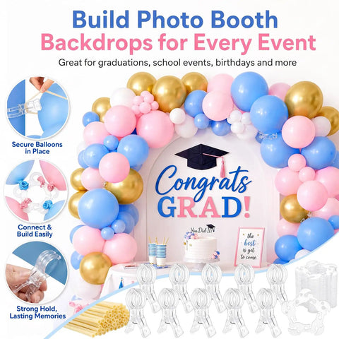 Super Cool Balloon Arch Clips Kit With Transparent Strip And Ring Clips For Epic Party Garland Decor That Looks Clean And Saves You Big Bucks On Fiestas. clear plastic clips holding a balloon arch for graduation backdrop
