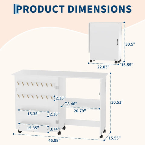 Dimensions of Totally Legit Folding Sewing Table With Quick Charge Port and Smooth Rolling Base, showing compact size and storage features.