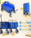 Blue Heavy Duty Folding Wagon For Sand And Outdoors, 350 Lb Capacity, Oversized 180 Liter Cargo Space, 9 Inch All Terrain Wheels, Adjustable Handle