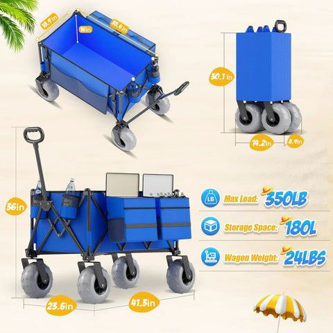 Blue Heavy Duty Folding Wagon For Sand And Outdoors, 350 Lb Capacity, Oversized 180 Liter Cargo Space, 9 Inch All Terrain Wheels, Adjustable Handle