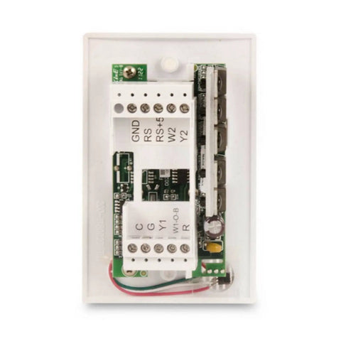 FlatStat Thermostat With Two Stage Heating And Two Stage Cooling For Gas Electric Heat Pumps And Hydronic Systems Auto Changeover LED Indicator And Thermostat Locking To Keep Your Settings Safe, back view showing wiring and circuit board.