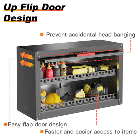 Beefy Garage Wall Cabinet With Up Flip Door Design open showing tools, featuring adjustable shelf and magnetic system for workshop use