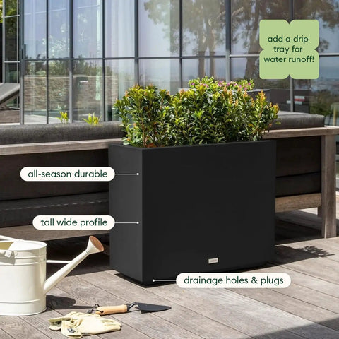 Span Plastic Planter Tall Rectangular Set For Indoor And Outdoor Patios shown on a patio with plants and a watering can