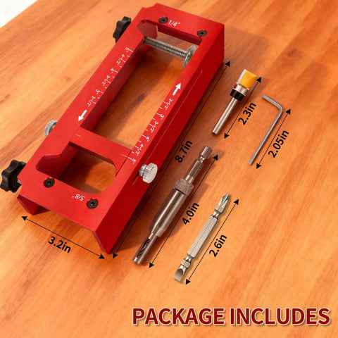 Adjustable Door Hinge Jig For Jambs And Routers, Aluminum Alloy Hinge Template Kit Fits Door Hinges From Two Point Five To Five Inches, Radius One Quarter Inch Or Radius Five Eighths Inch, Red, Durable Router Template Tool For Precise Installations and accessories on wooden table.