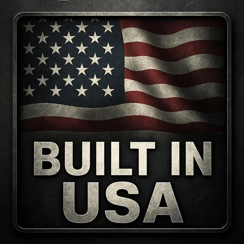American flag background with the text 'BUILT IN USA' in bold distressed letters, highlighting American craftsmanship.