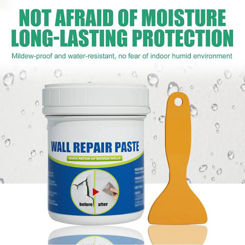 Fast Drying Wall Repair Paste With Scraper For All Surfaces Waterproof Crack Resistant Spackle Quick Fix Hole Fill Sealant Drywall Plaster Concrete Walls Easy To Use 1 Piece shown with packaging and yellow scraper