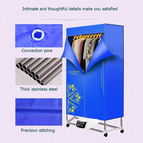 Portable Clothes Dryer With Remote Control 110 To 240V Foldable Electric Drying Machine in blue with stainless steel rods and zipper