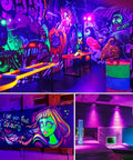 Indoor space lit with 2 Pack 120W LED Black Light Flood Light With Plug And Switch IP66 Waterproof, highlighting neon art and murals.