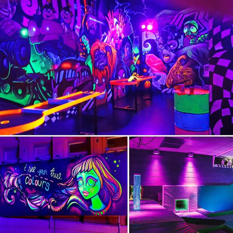 Indoor space lit with 2 Pack 120W LED Black Light Flood Light With Plug And Switch IP66 Waterproof, highlighting neon art and murals.