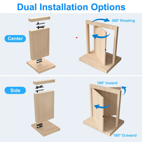 Hidden Door Hinge With Dual Bearing For Silent Operation Heavy Duty Conceal Hinge assembly showing 360-degree and 180-degree rotation options.