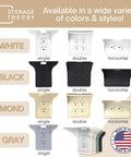 Various styles of wall outlet shelves in white, black, almond, and gray with single, double, and horizontal options.