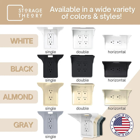 Various styles of wall outlet shelves in white, black, almond, and gray with single, double, and horizontal options.