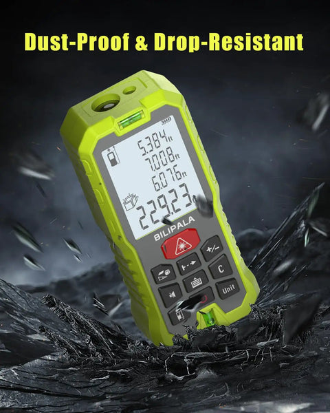 165ft Digital Laser Distance Meter With Dual Bubble Levels And Backlit 2 Inch LCD, High Precision Measuring Tool For Area, Volume And Pythagoras, Quiet Mute Mode, Battery Included, No-Fuss Readouts For Quick Layouts. dust-proof drop-resistant laser meter with backlit LCD