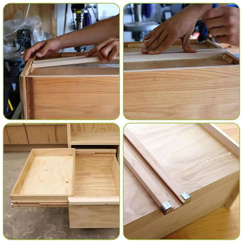 Installation of Built Tough Beech Wood Drawer Slides 6 Pack 17 Inch Undermount Glides on a wooden drawer.