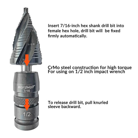 Impact Wrench Adapter One Half Inch Square Drive To Seven Sixteenth Inch Hex Female Quick Change Converter labeled parts